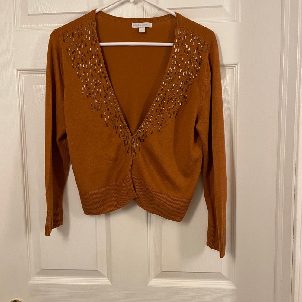 Cognac Jeweled New York & Co. Cardigan. Size Medium.